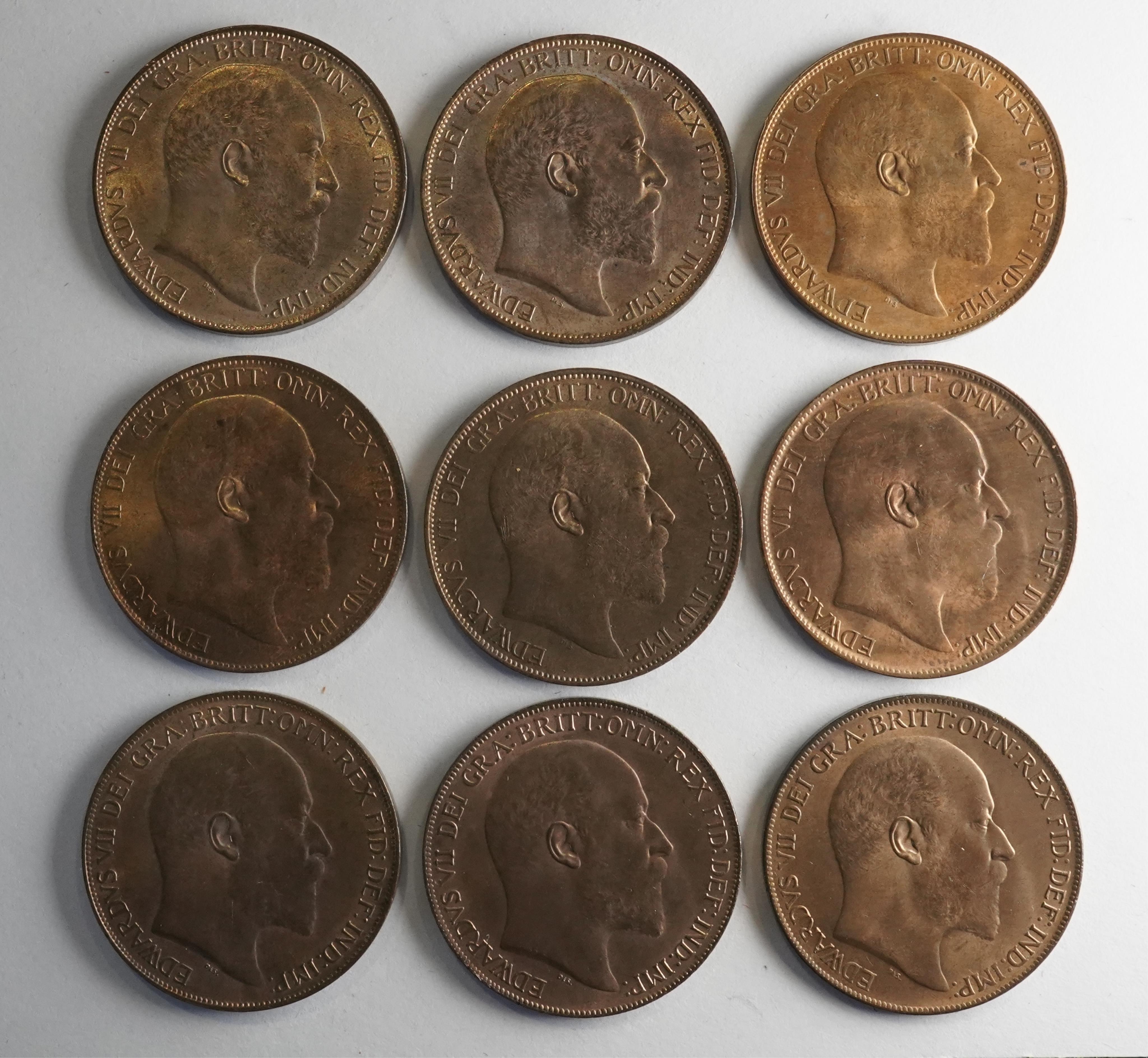 British coins, Edward VII, a date set of nine bronze pennies, 1902-1910;, 1902, Fr. 157, Gouby dies A/b, virtually as struck, UNC, full lustre, 1903, Fr. 158, Gouby dies A/b, virtually as struck, UNC, full lustre, 1904,
